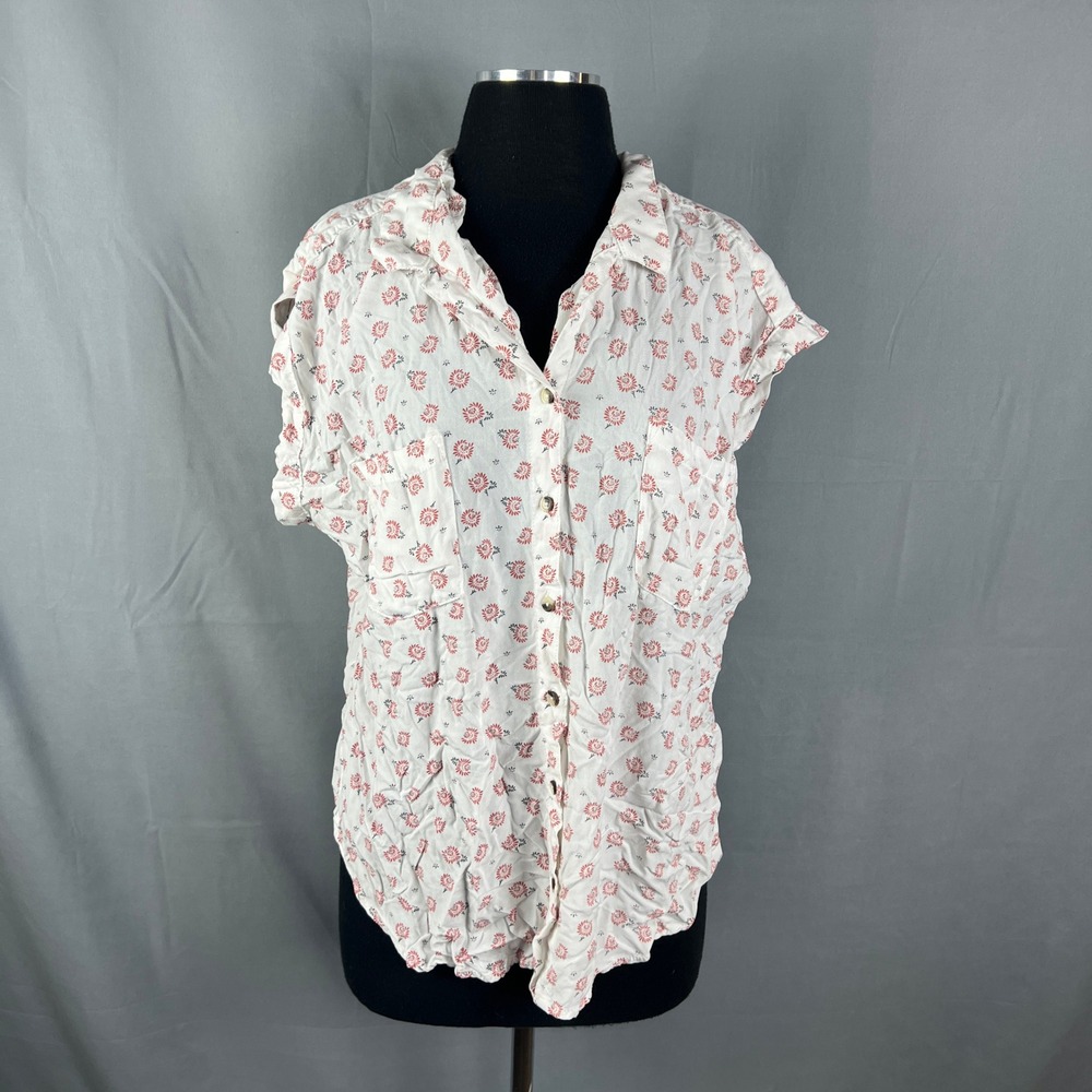 Jachs Girlfriend Blouse Top Womens 2XL White Red Floral Cap Sleeve Button Front